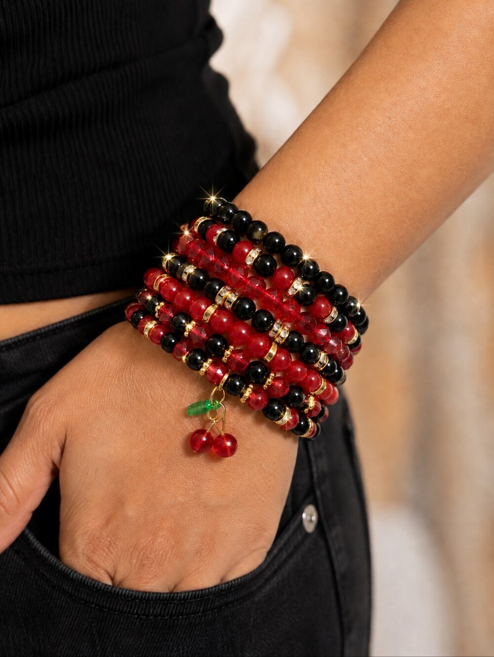 🍒 Cherry Luxe Beaded Wrap Glam Bracelet